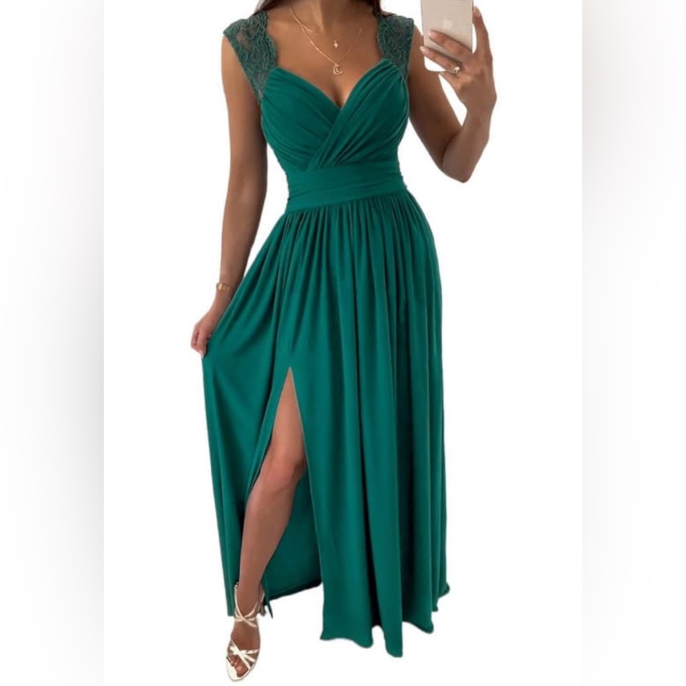 Formal wrap v neck ruched maxi dress Green Medium NWOT
